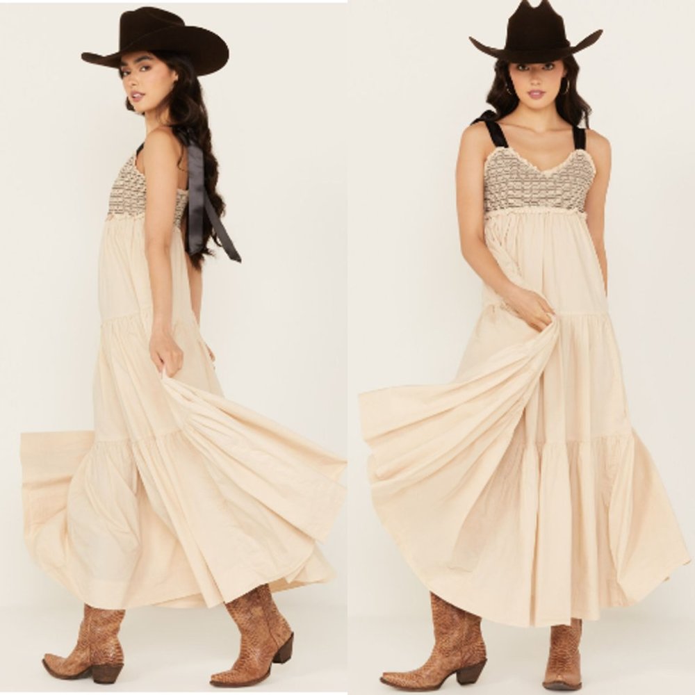 Free People Cream Maxi Dress with Contrasting Smocked Bodice